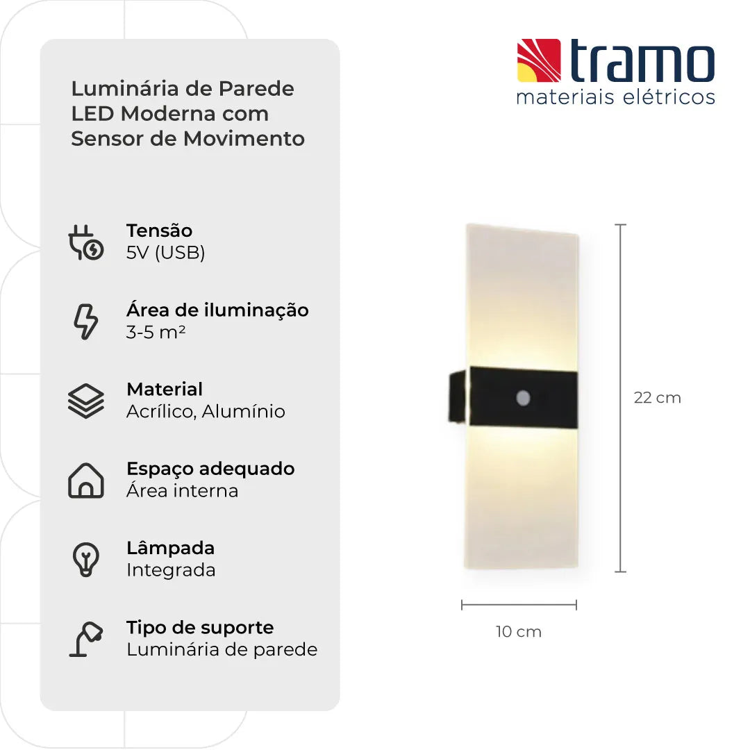 Luminária de Parede LED Moderna com Sensor de Movimento | Loja Tramo