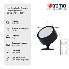 Luminária de Parede LED Magnética Direcionável 360° | Loja Tramo